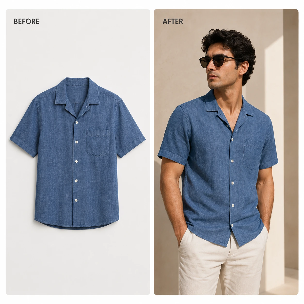 Virtual try-on of a male model wearing a casual blue denim shirt generated by AfterTaken AI
